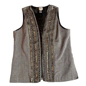 Chico's Tweed Gray with Gold and Silver Beaded Vest, Size 1 (8/10)